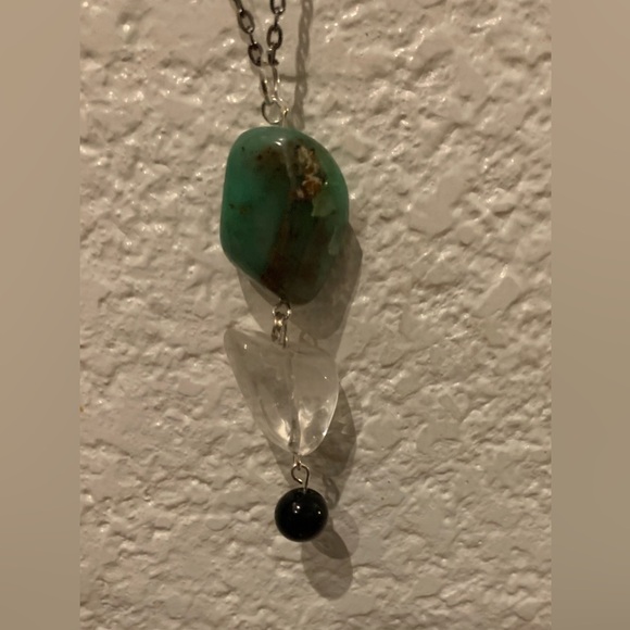 Pendant crafted from black jade, clear quartz, & green chrysoprase. Measures 3” - Picture 3 of 3